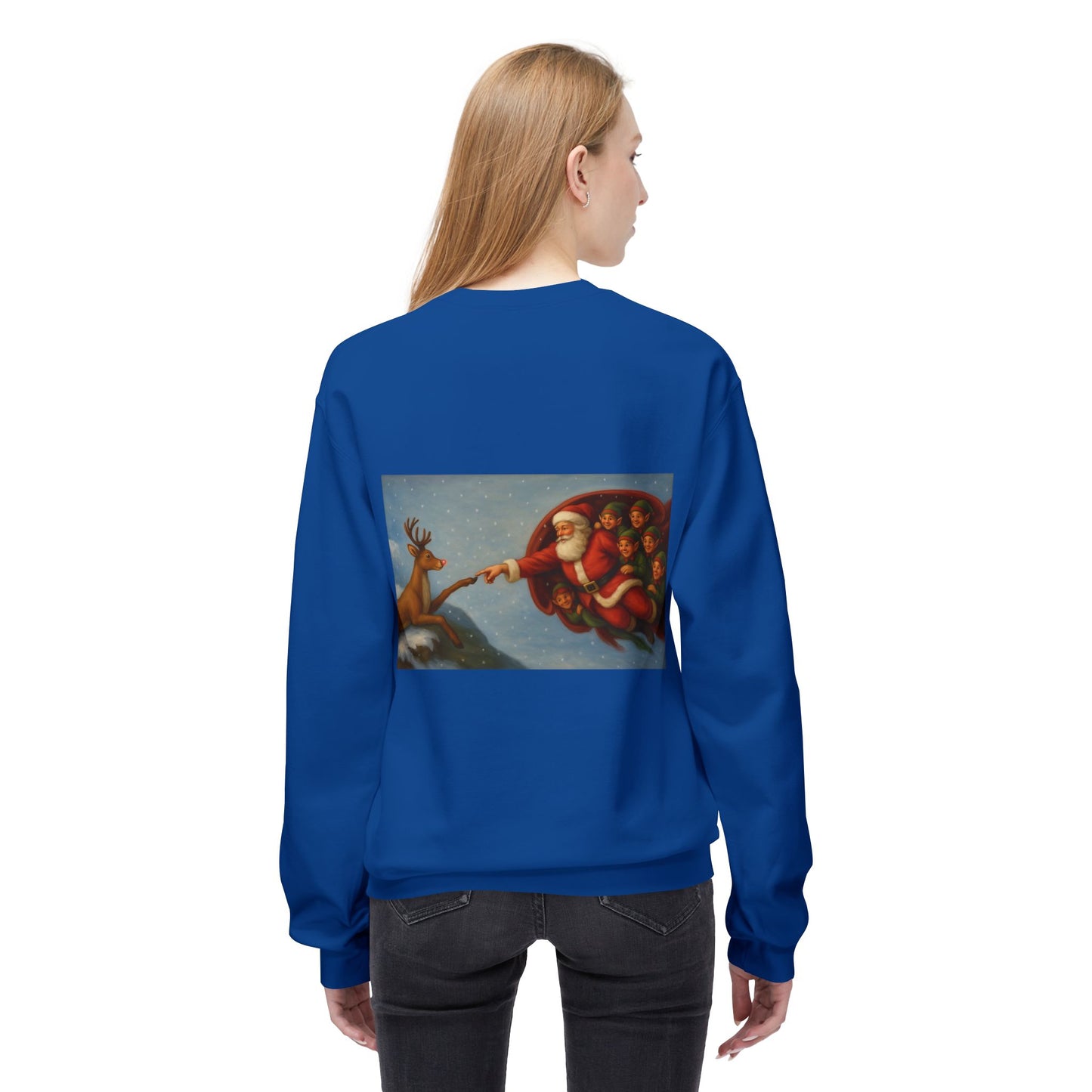 Santa Reaching Reindeer Crewneck Sweatshirt | Christmas Holiday Illustration