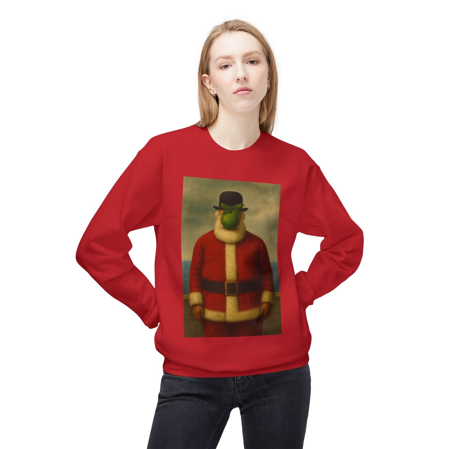 Surreal Pear Man Santa Sweatshirt | Holiday Art Hoodie-Style Crew