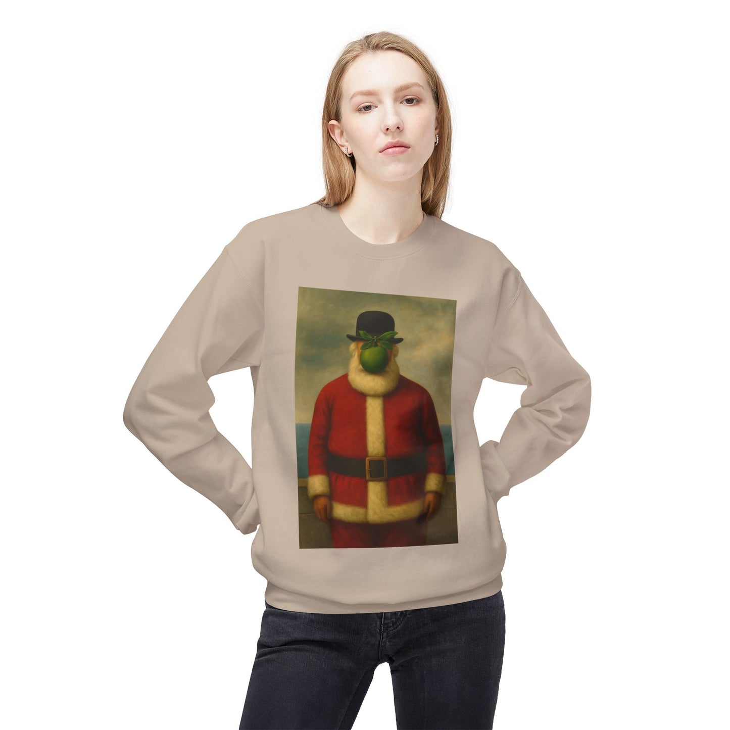 Surreal Pear Man Santa Sweatshirt | Holiday Art Hoodie-Style Crew
