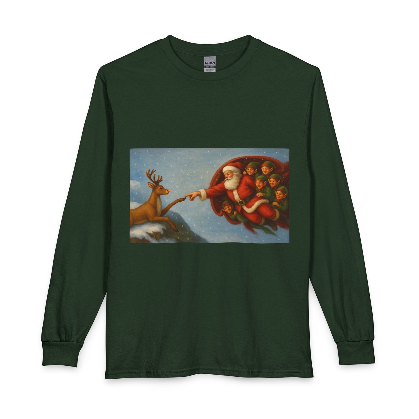 Santa Reaching for Reindeer Long Sleeve Shirt | Christmas Holiday Illustration