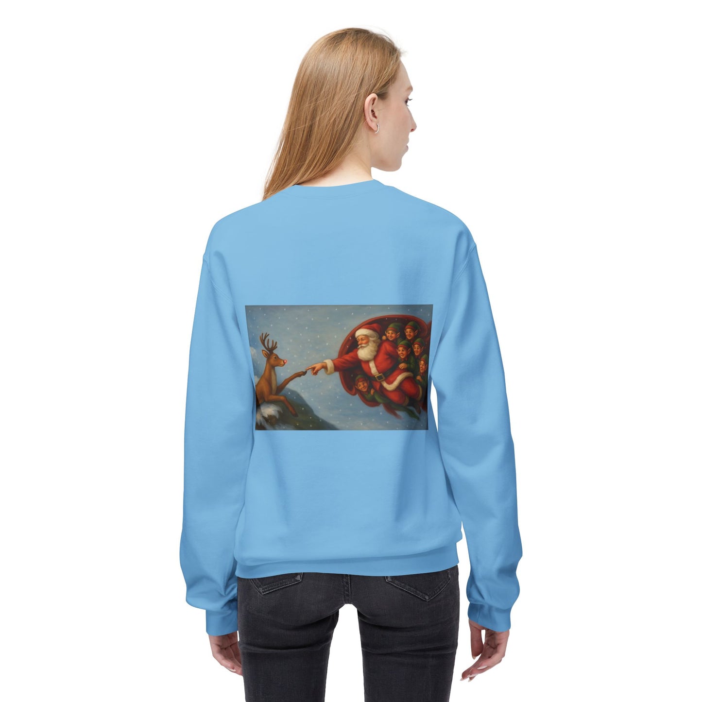Santa Reaching Reindeer Crewneck Sweatshirt | Christmas Holiday Illustration