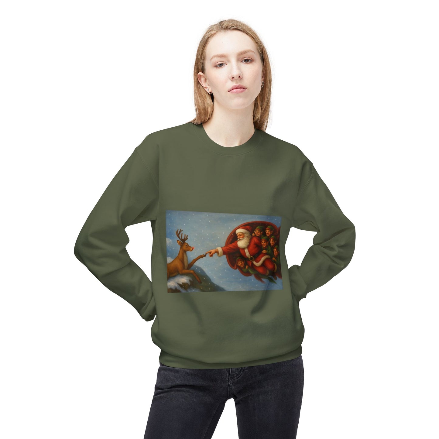 Santa Reaching Reindeer Crewneck Sweatshirt | Christmas Holiday Illustration