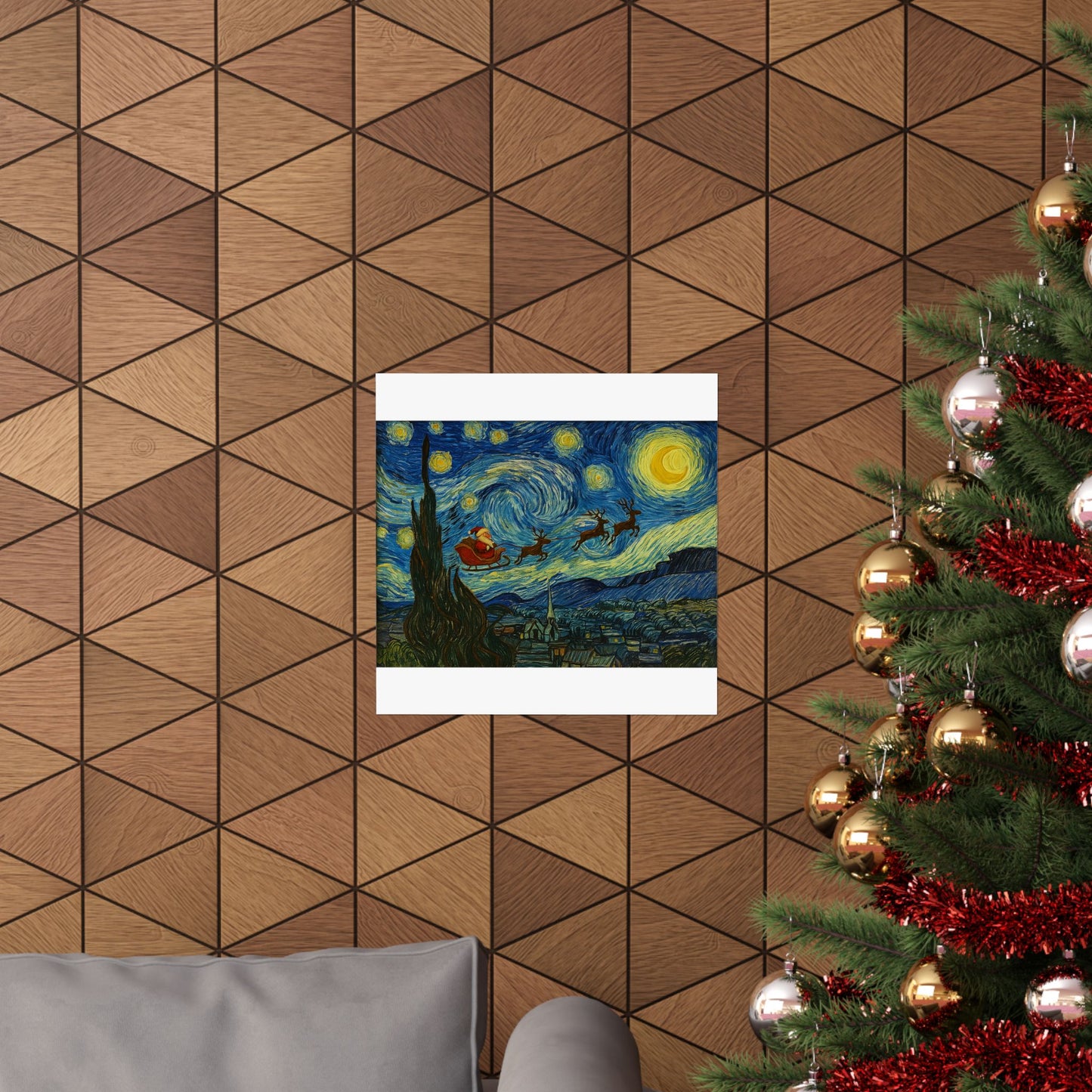 Santa Sleigh over Starry Night Poster | Matte Vertical Poster, Christmas Wall Art
