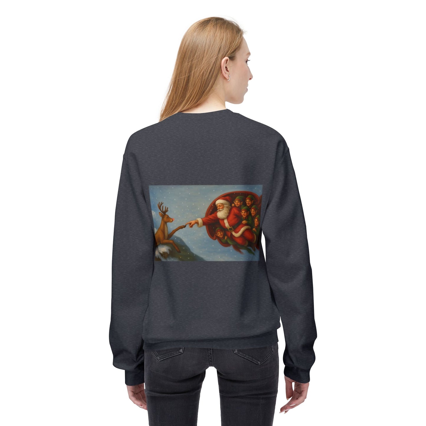 Santa Reaching Reindeer Crewneck Sweatshirt | Christmas Holiday Illustration