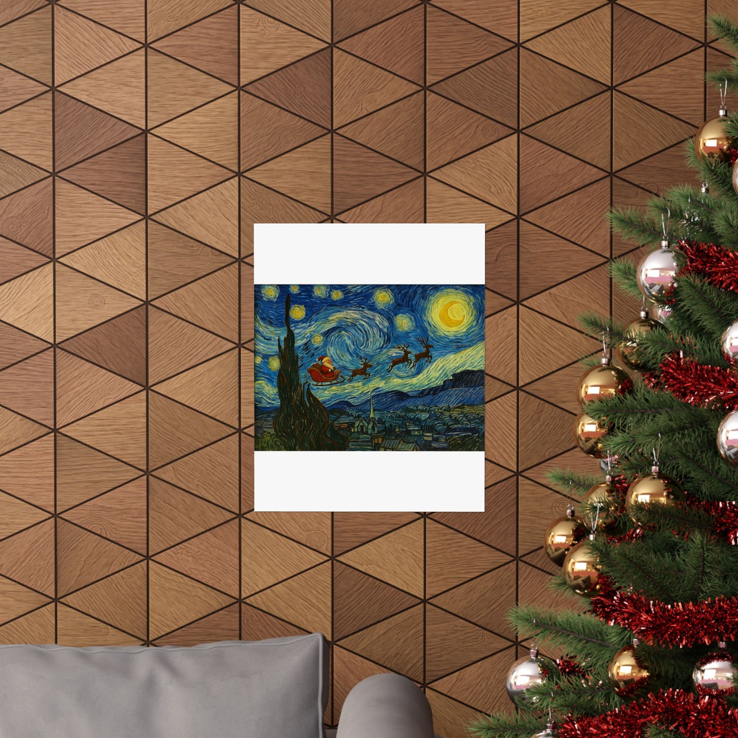 Santa Sleigh over Starry Night Poster | Matte Vertical Poster, Christmas Wall Art