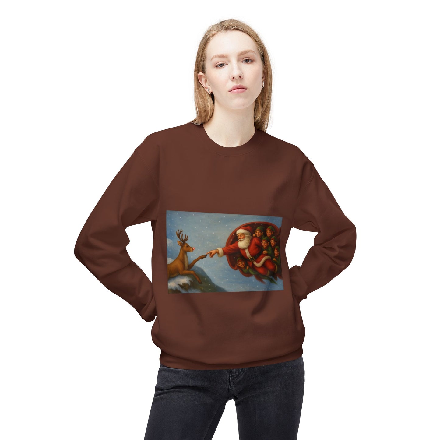 Santa Reaching Reindeer Crewneck Sweatshirt | Christmas Holiday Illustration