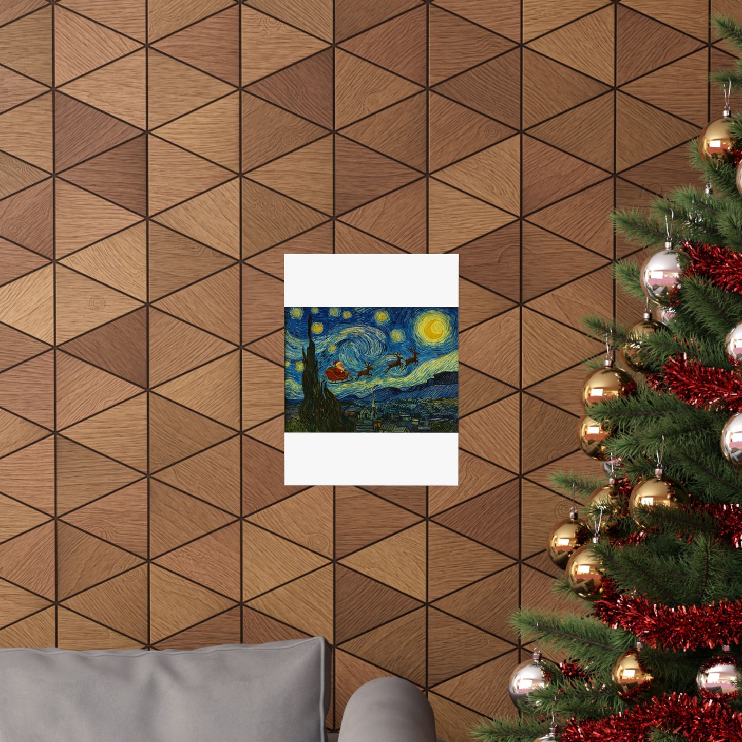 Santa Sleigh over Starry Night Poster | Matte Vertical Poster, Christmas Wall Art