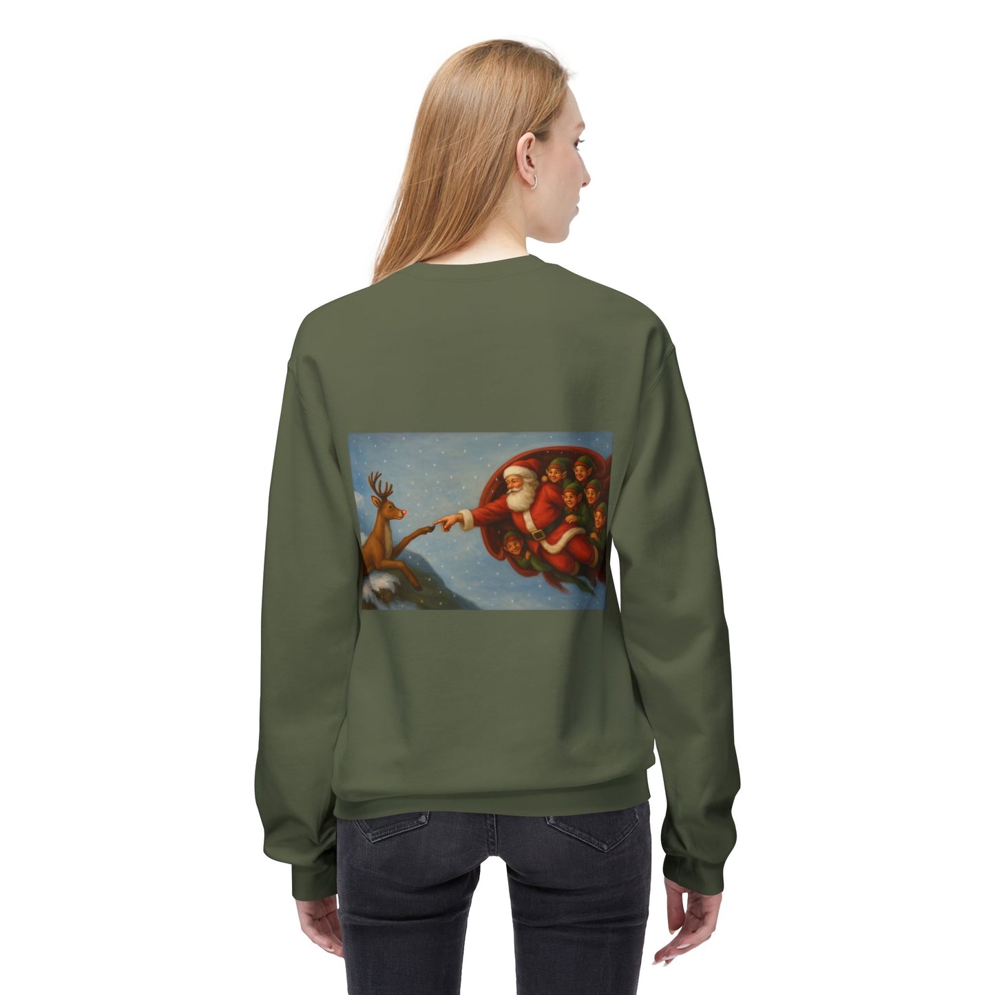 Santa Reaching Reindeer Crewneck Sweatshirt | Christmas Holiday Illustration