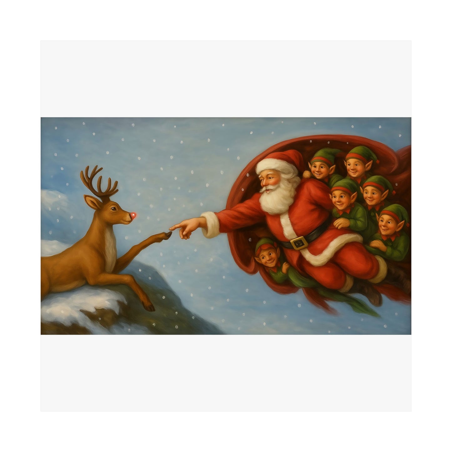 Santa and Elves Reaching Reindeer Matte Vertical Poster | Christmas Holiday Wall Art