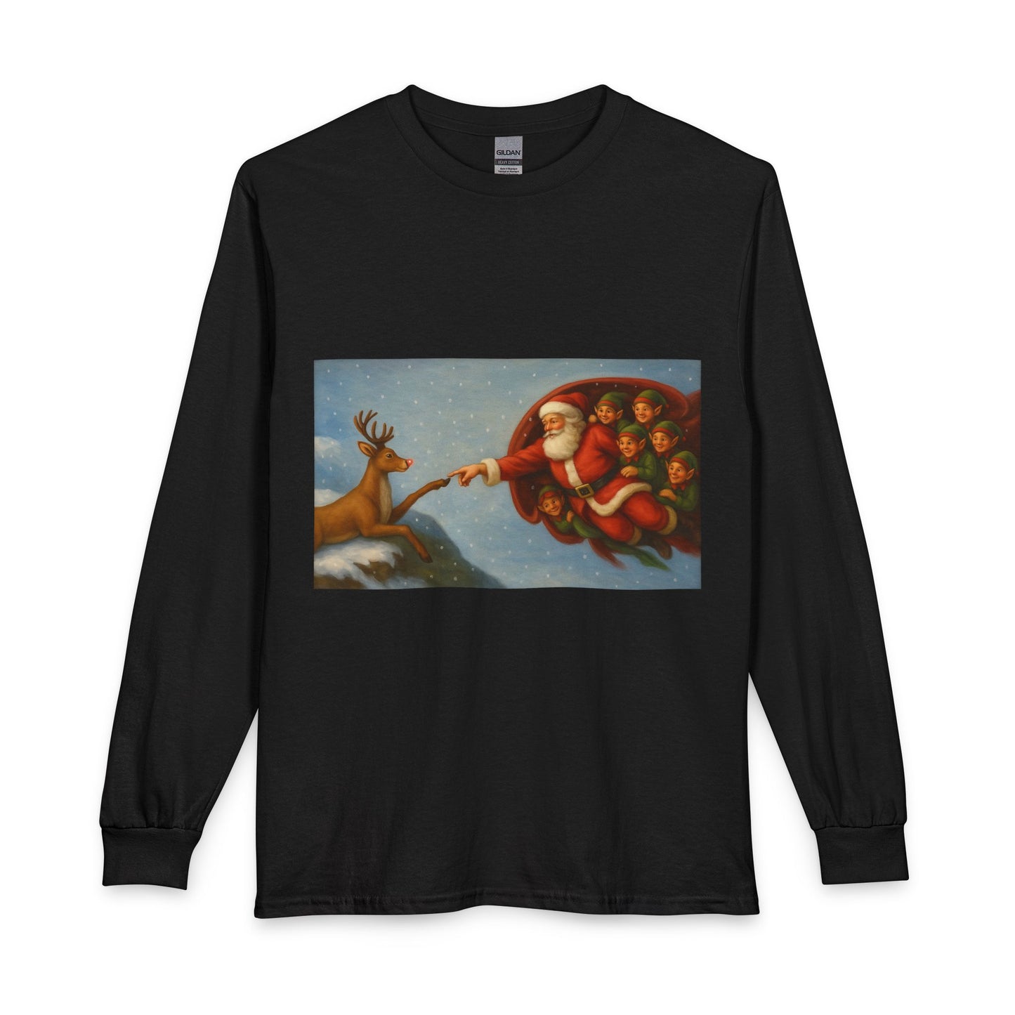 Santa Reaching for Reindeer Long Sleeve Shirt | Christmas Holiday Illustration