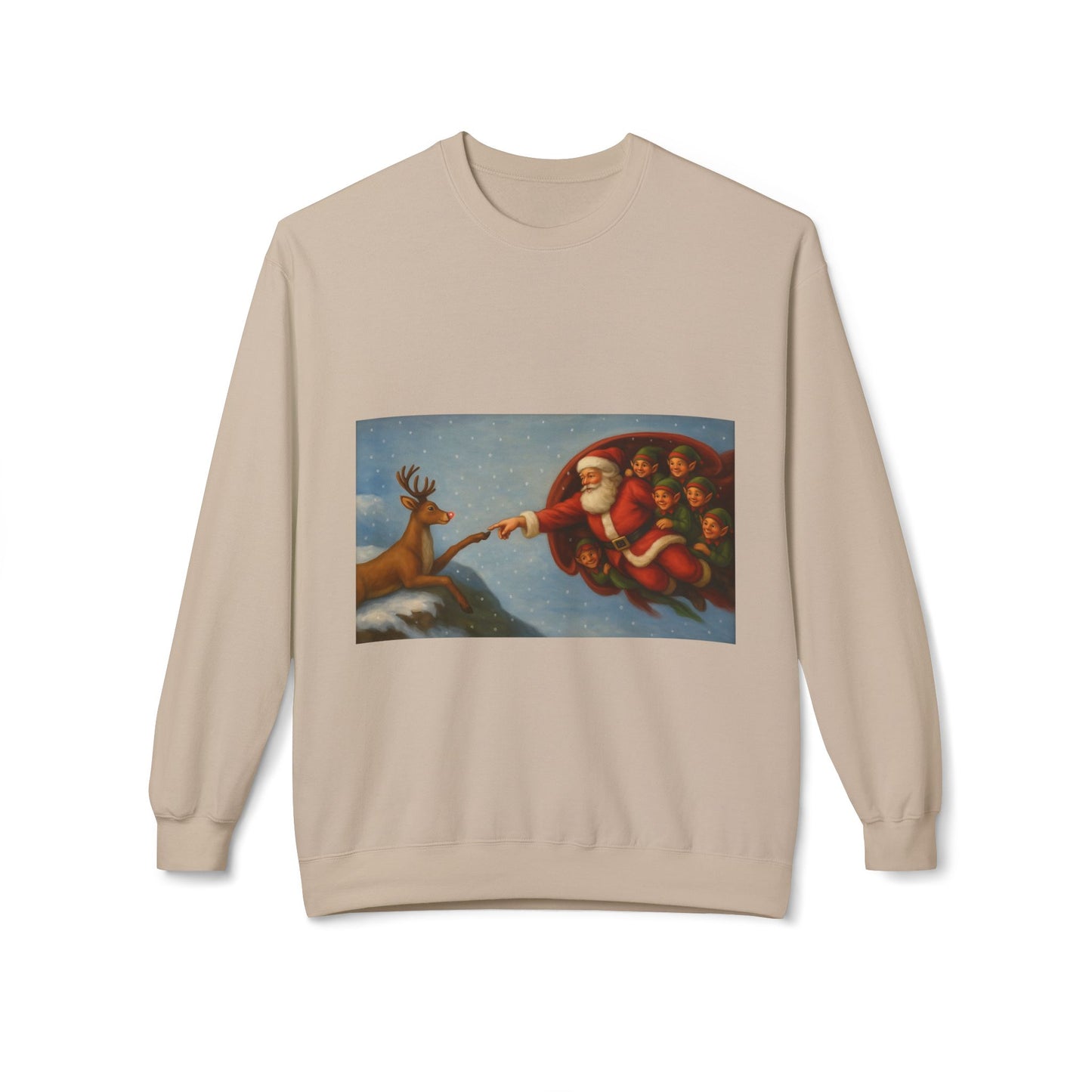 Santa Reaching Reindeer Crewneck Sweatshirt | Christmas Holiday Illustration