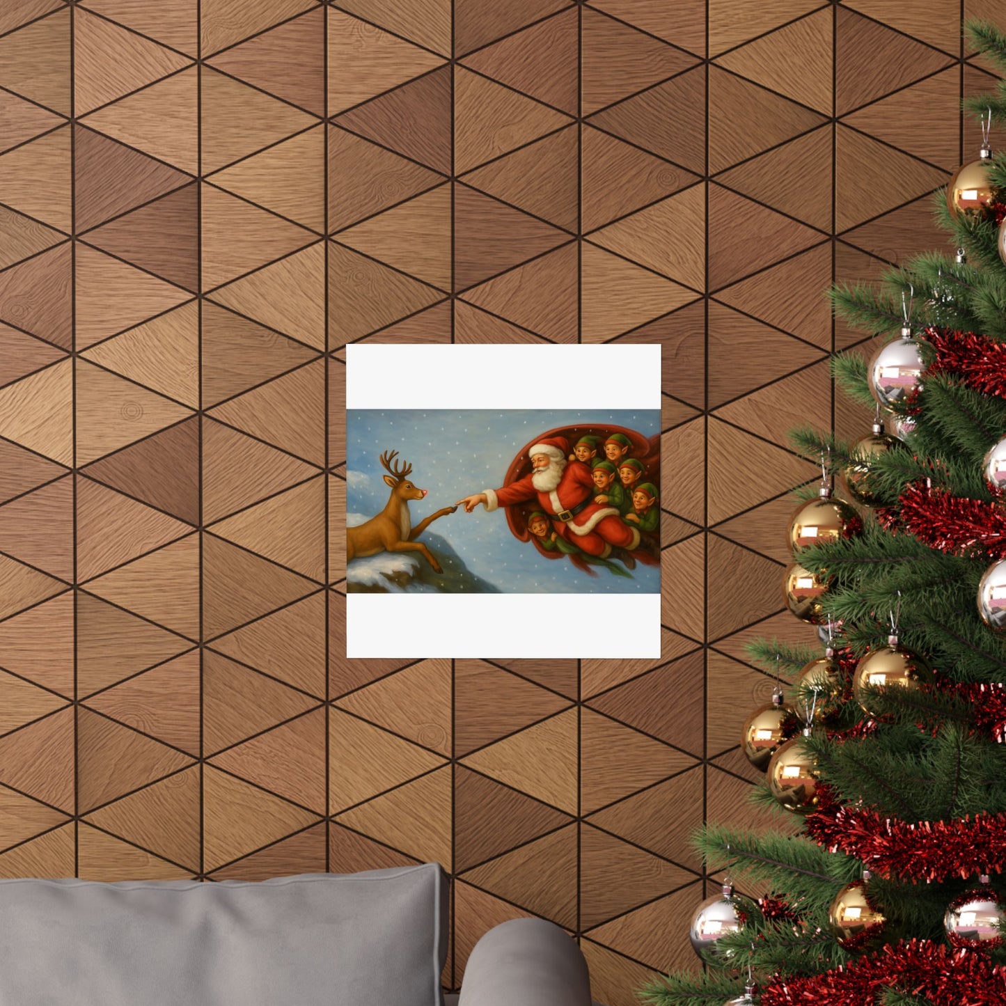 Santa and Elves Reaching Reindeer Matte Vertical Poster | Christmas Holiday Wall Art