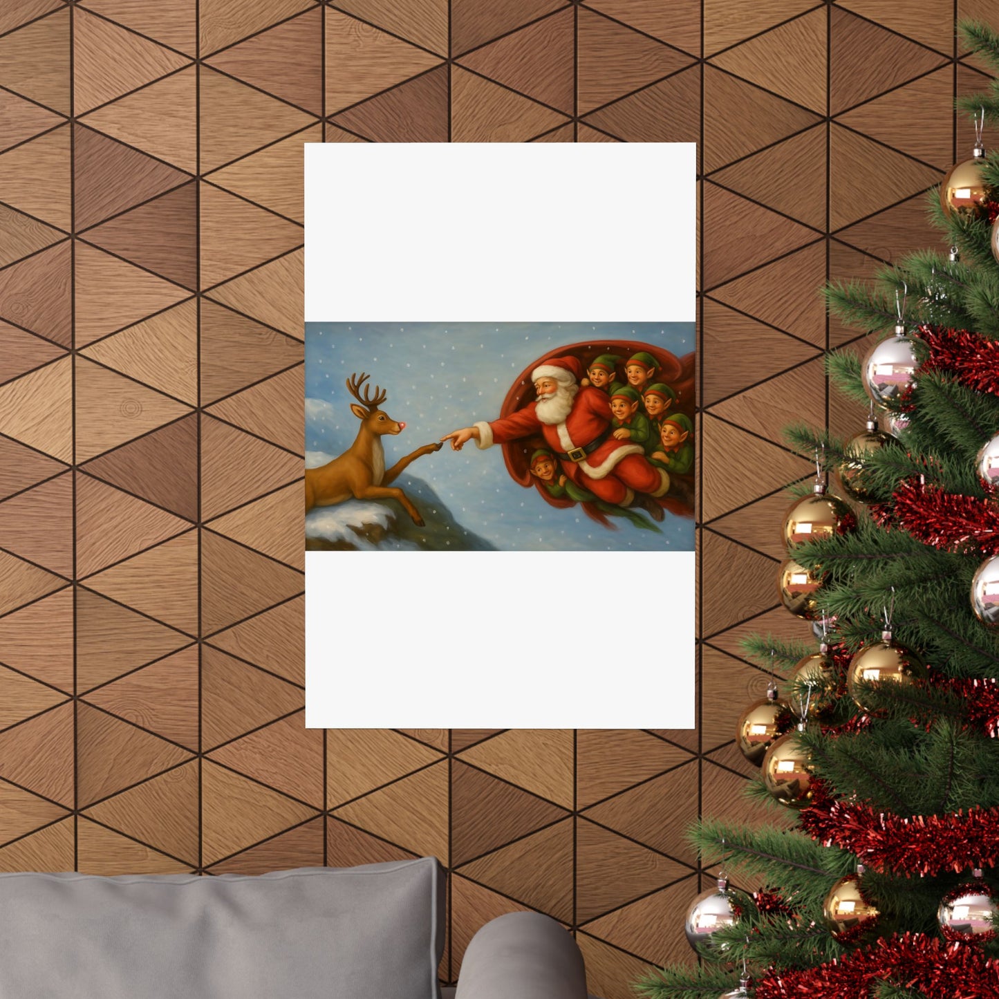 Santa and Elves Reaching Reindeer Matte Vertical Poster | Christmas Holiday Wall Art