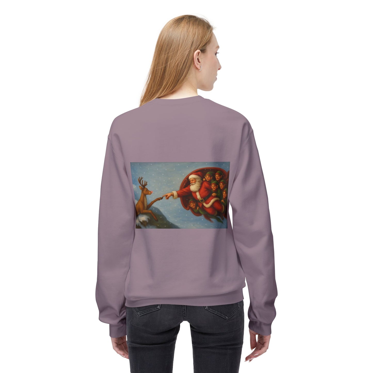 Santa Reaching Reindeer Crewneck Sweatshirt | Christmas Holiday Illustration