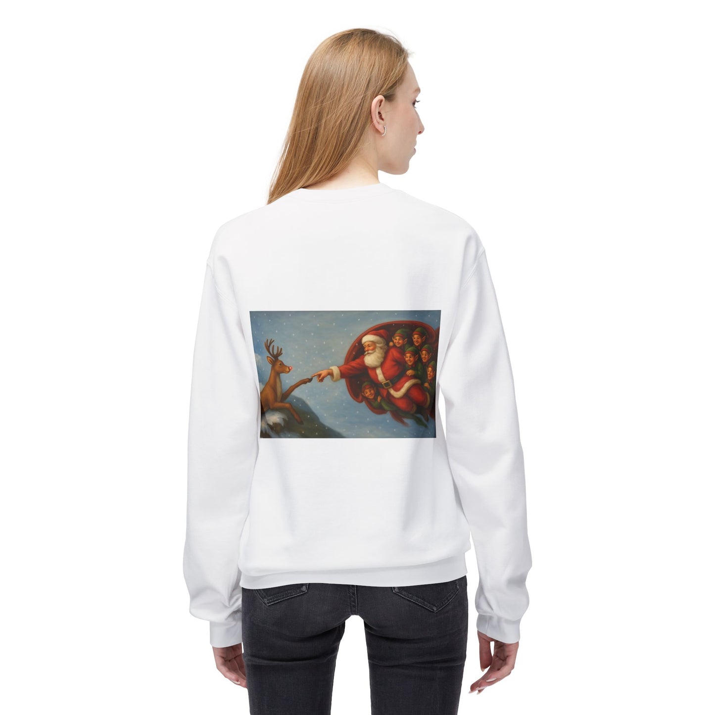 Santa Reaching Reindeer Crewneck Sweatshirt | Christmas Holiday Illustration