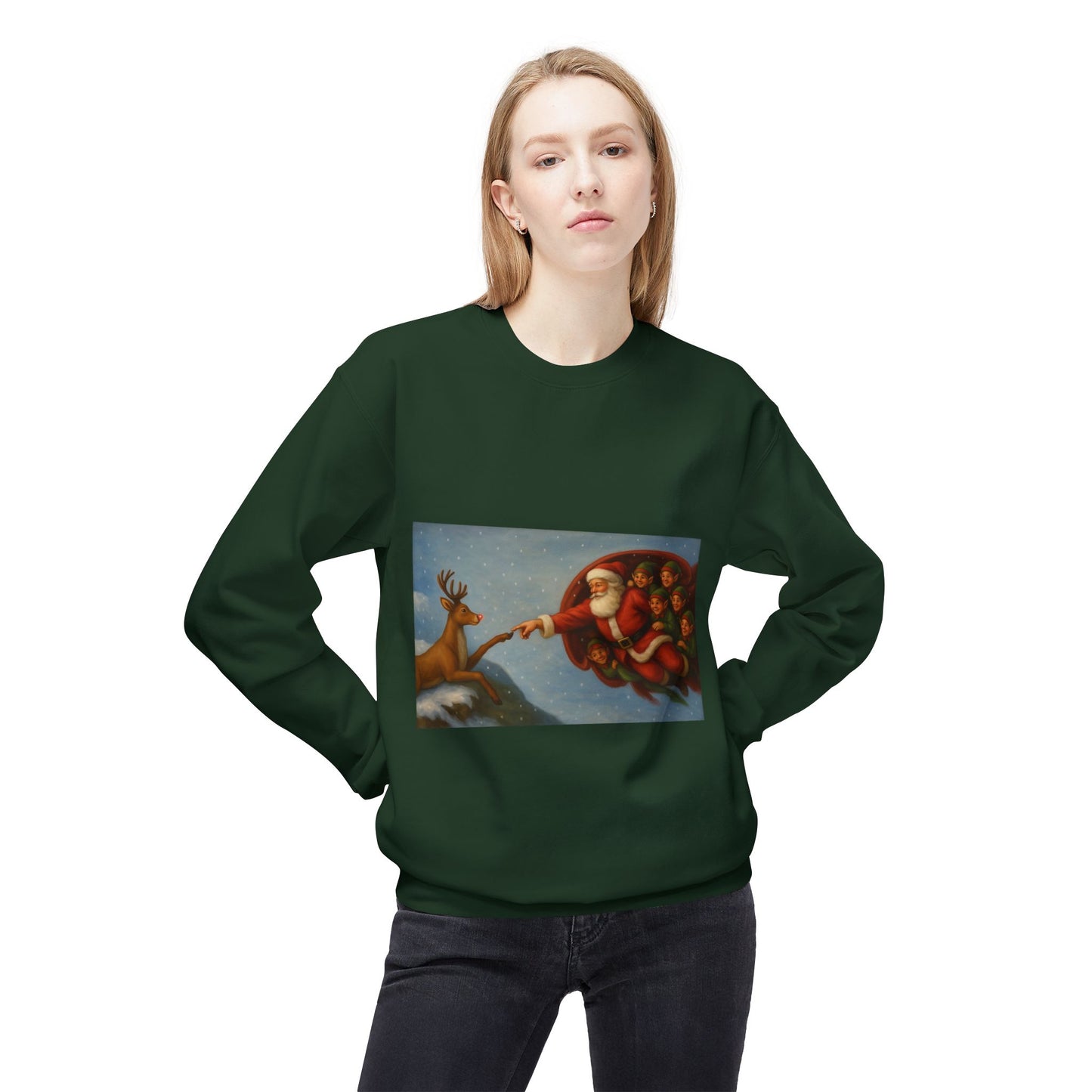 Santa Reaching Reindeer Crewneck Sweatshirt | Christmas Holiday Illustration