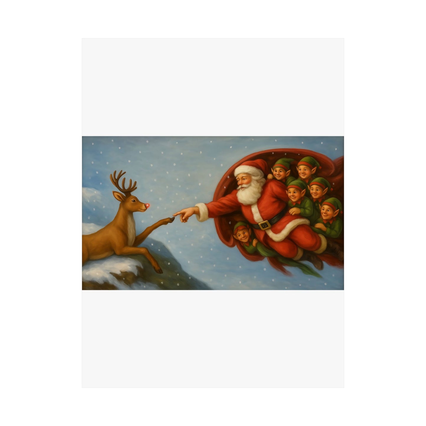 Santa and Elves Reaching Reindeer Matte Vertical Poster | Christmas Holiday Wall Art