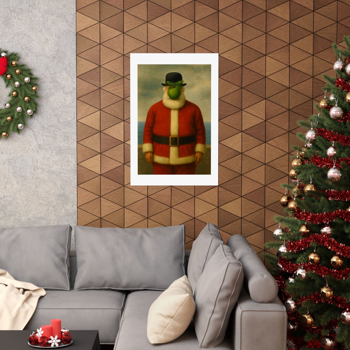 Green Apple Santa Matte Vertical Poster | Surreal Holiday Art Print