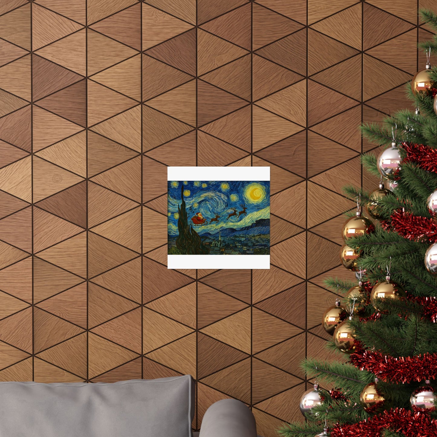 Santa Sleigh over Starry Night Poster | Matte Vertical Poster, Christmas Wall Art