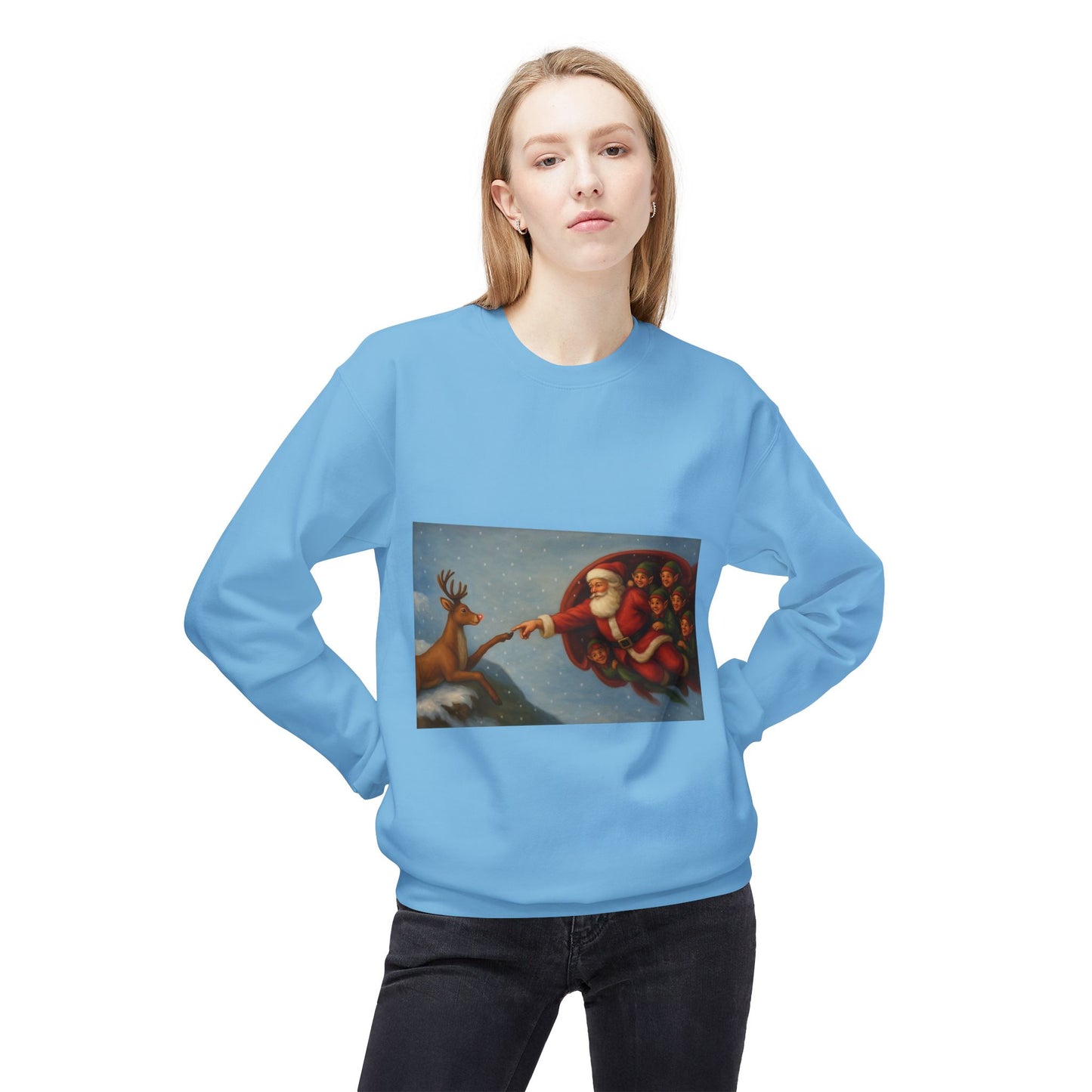 Santa Reaching Reindeer Crewneck Sweatshirt | Christmas Holiday Illustration