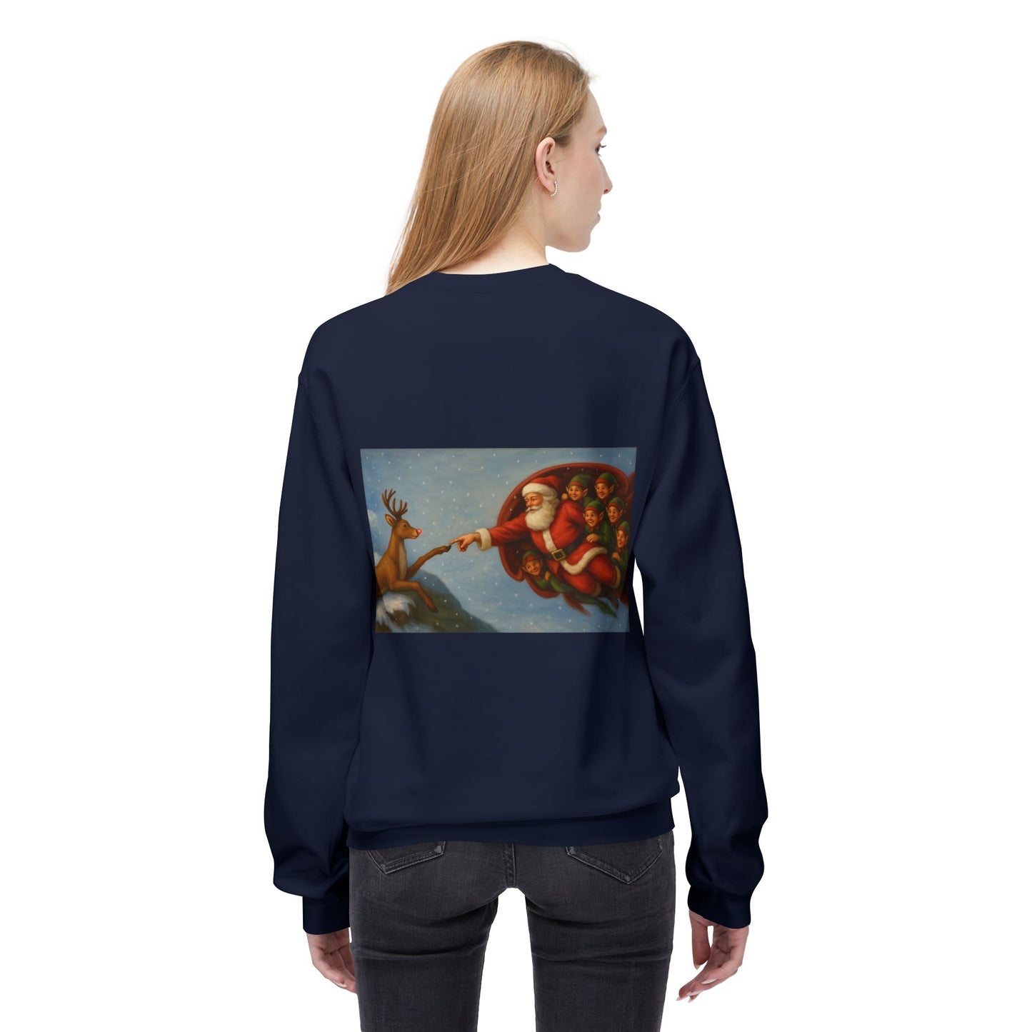 Santa Reaching Reindeer Crewneck Sweatshirt | Christmas Holiday Illustration