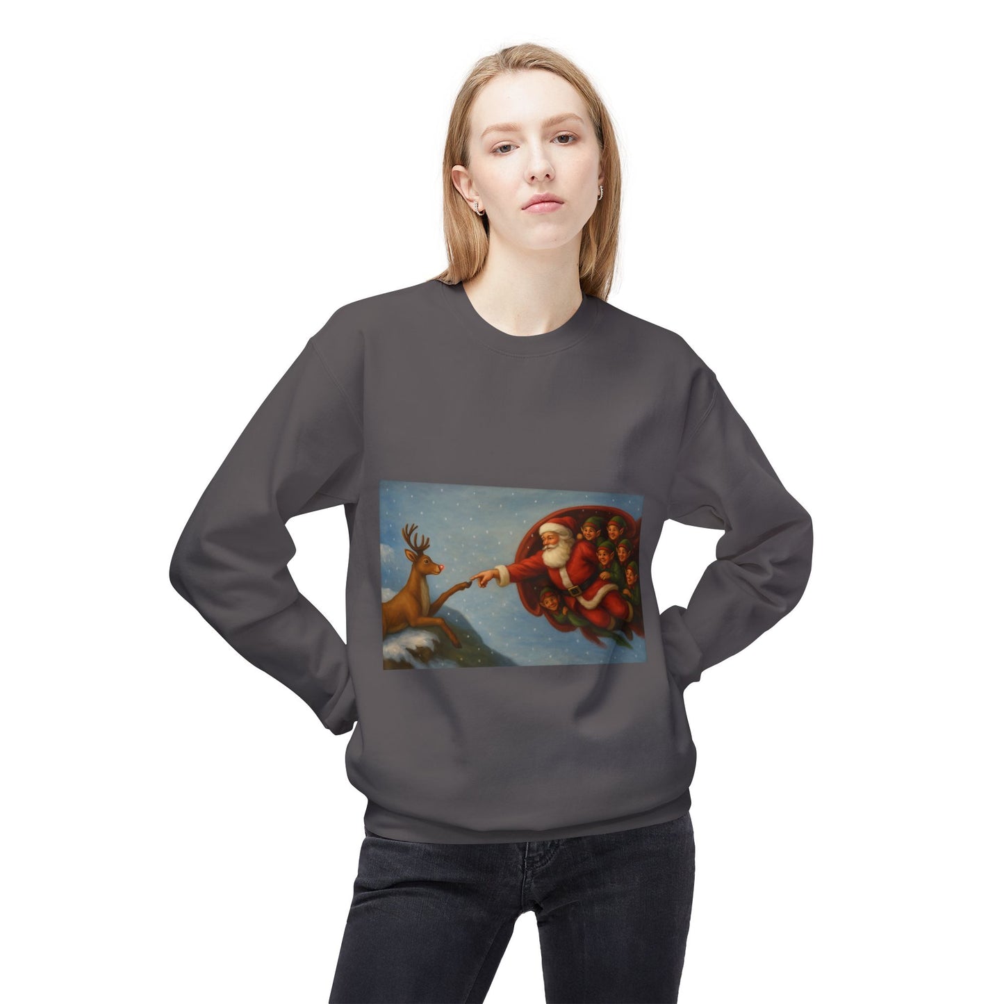 Santa Reaching Reindeer Crewneck Sweatshirt | Christmas Holiday Illustration