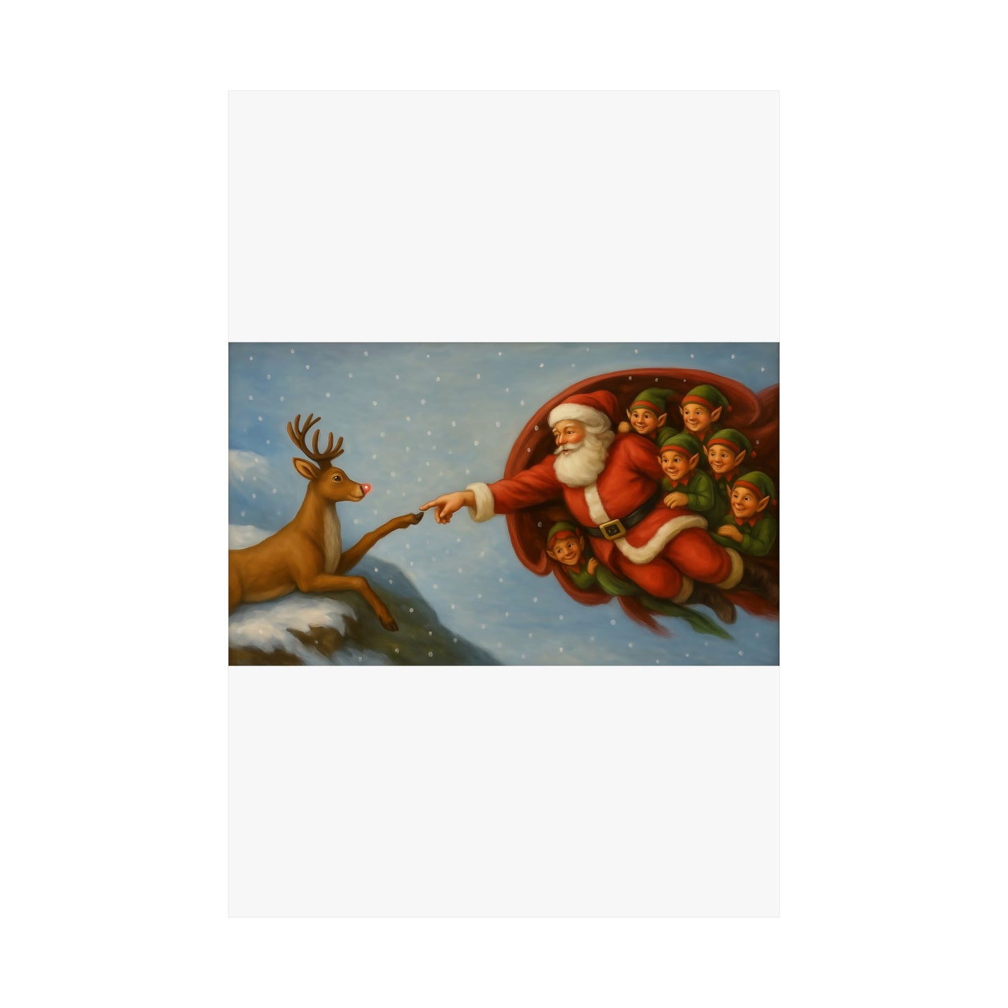 Santa and Elves Reaching Reindeer Matte Vertical Poster | Christmas Holiday Wall Art