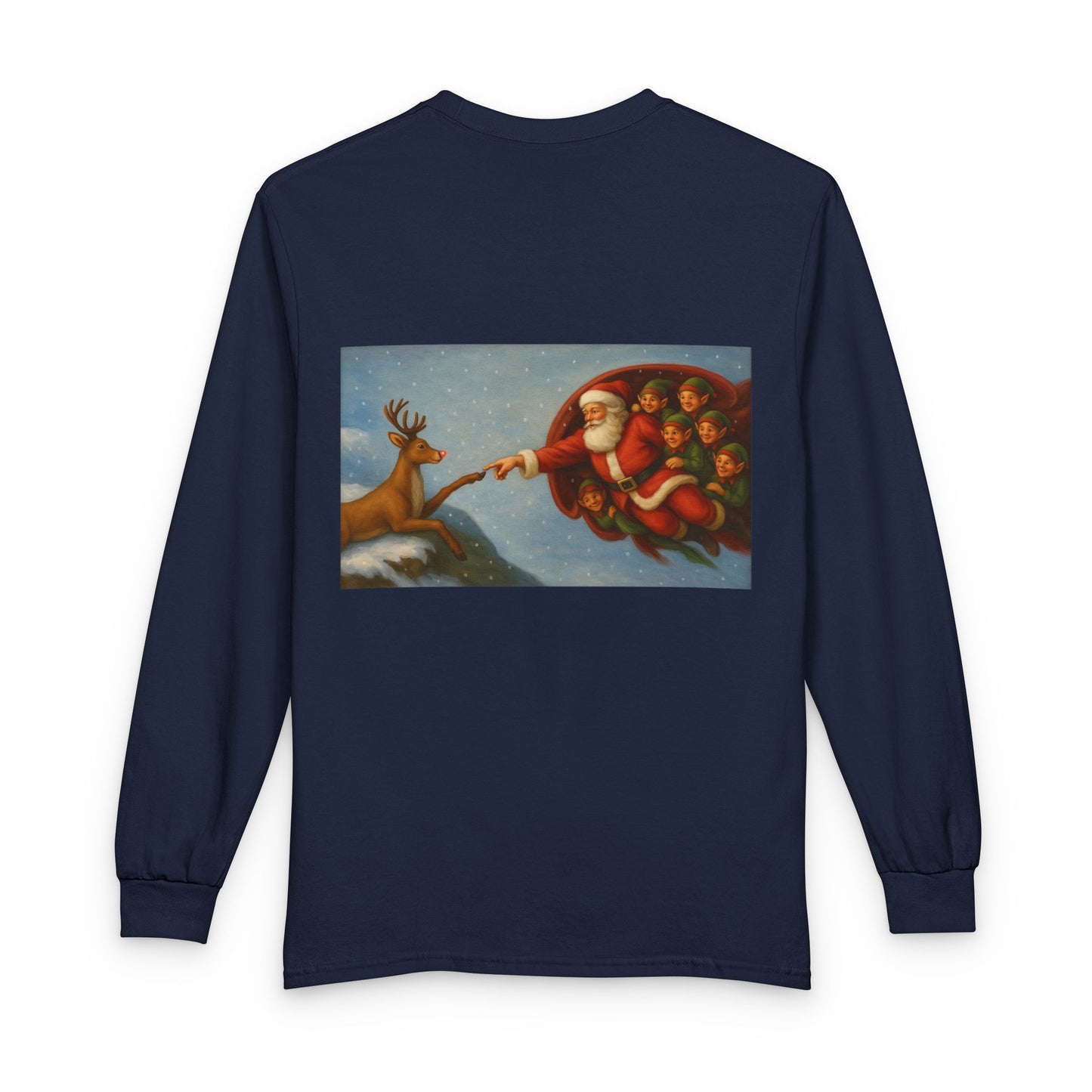 Santa Reaching for Reindeer Long Sleeve Shirt | Christmas Holiday Illustration