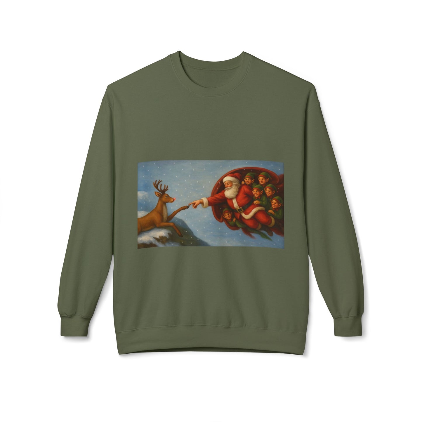 Santa Reaching Reindeer Crewneck Sweatshirt | Christmas Holiday Illustration