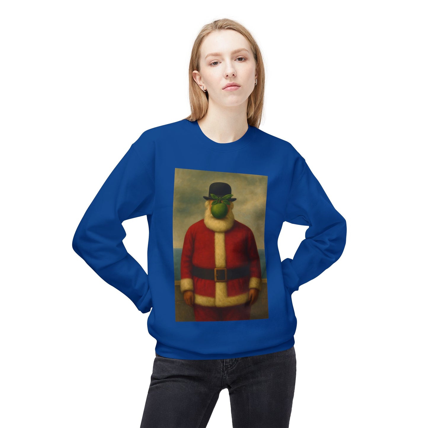 Surreal Pear Man Santa Sweatshirt | Holiday Art Hoodie-Style Crew