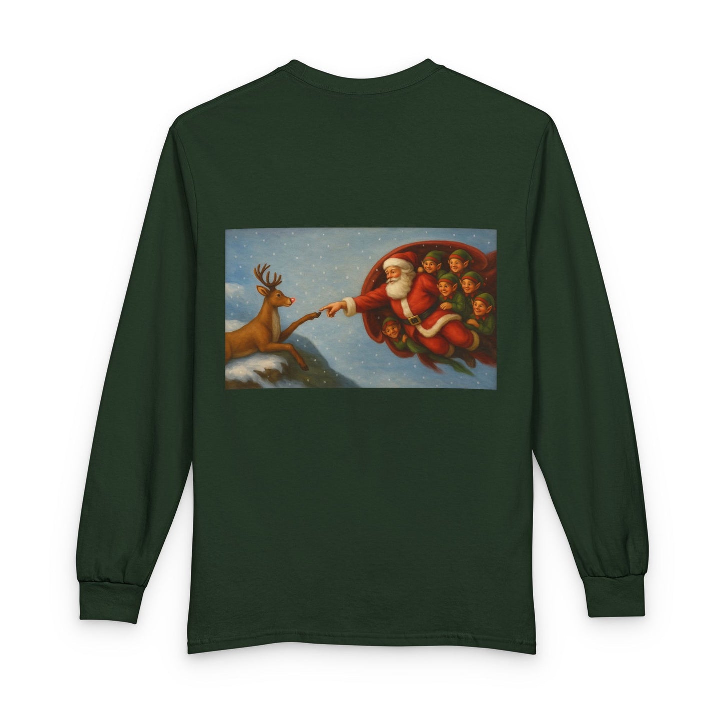 Santa Reaching for Reindeer Long Sleeve Shirt | Christmas Holiday Illustration