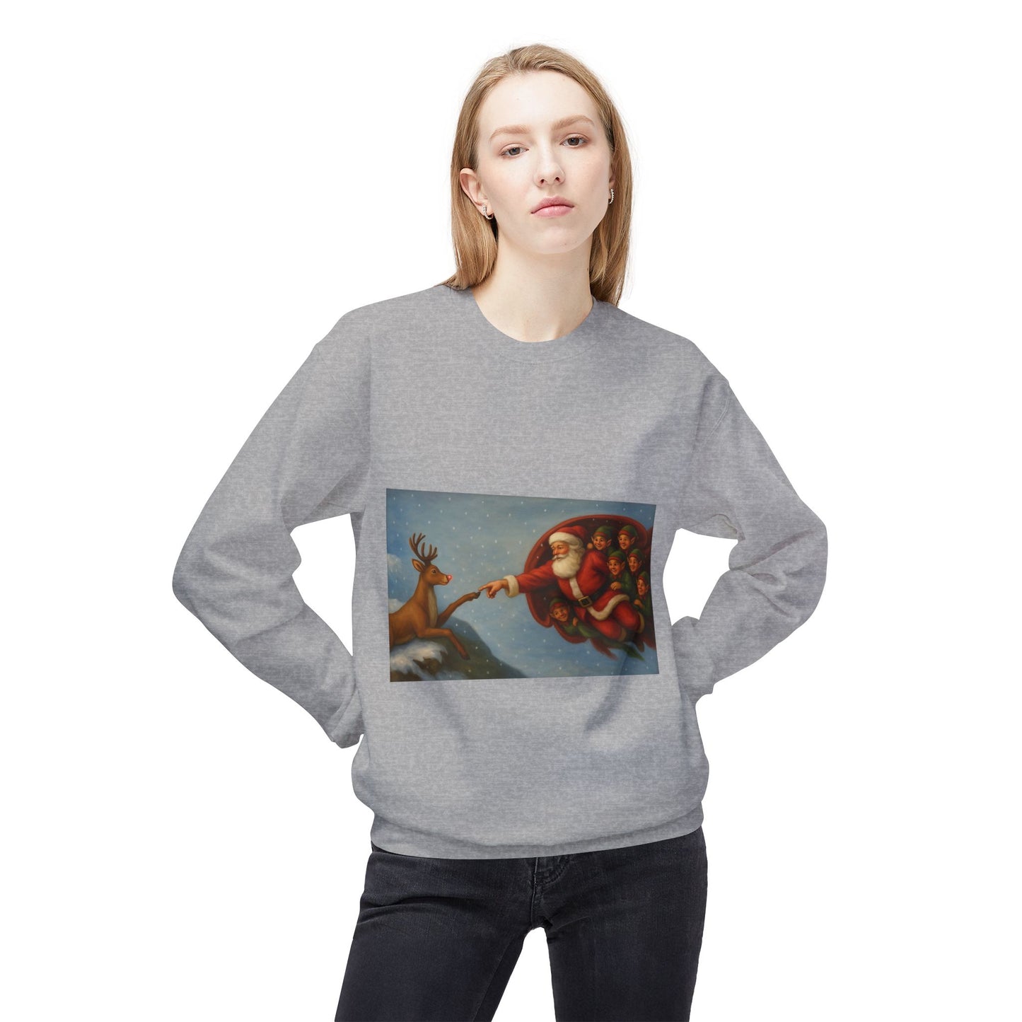 Santa Reaching Reindeer Crewneck Sweatshirt | Christmas Holiday Illustration