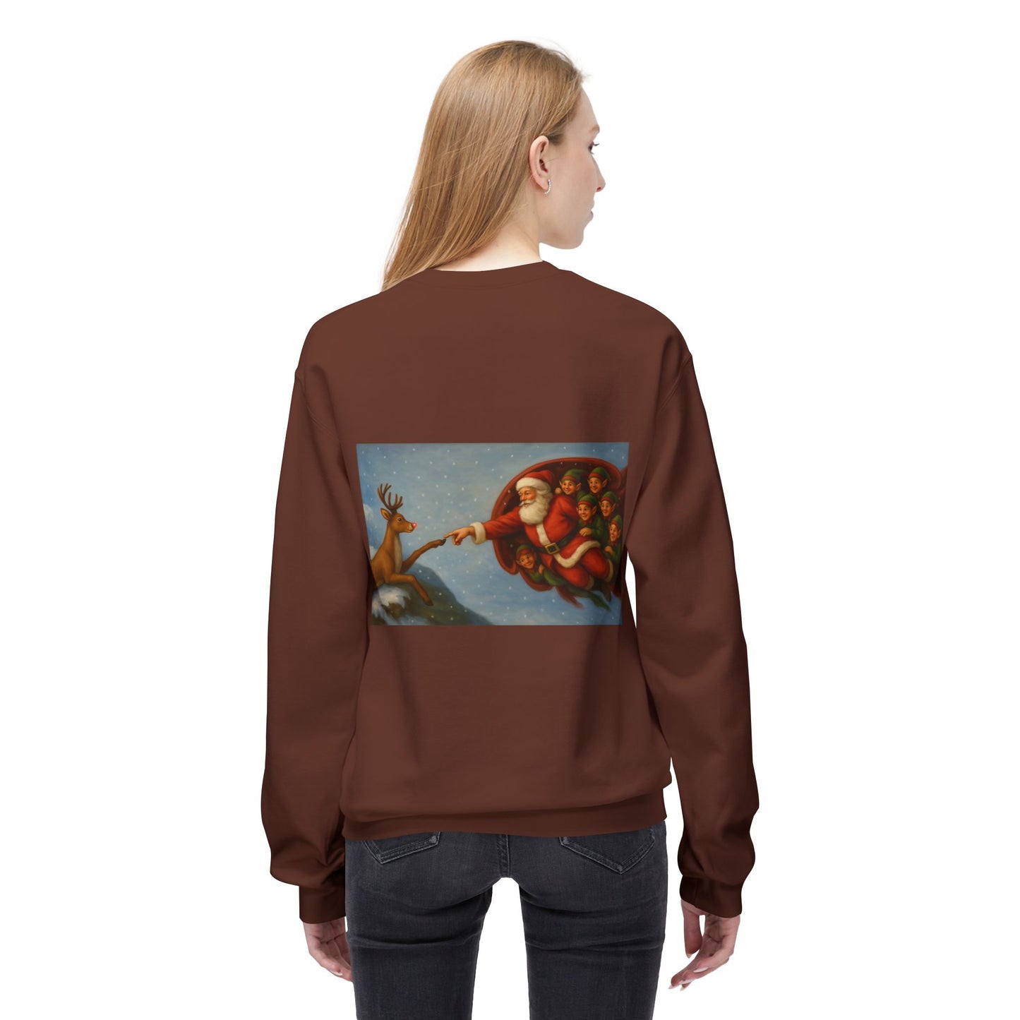 Santa Reaching Reindeer Crewneck Sweatshirt | Christmas Holiday Illustration