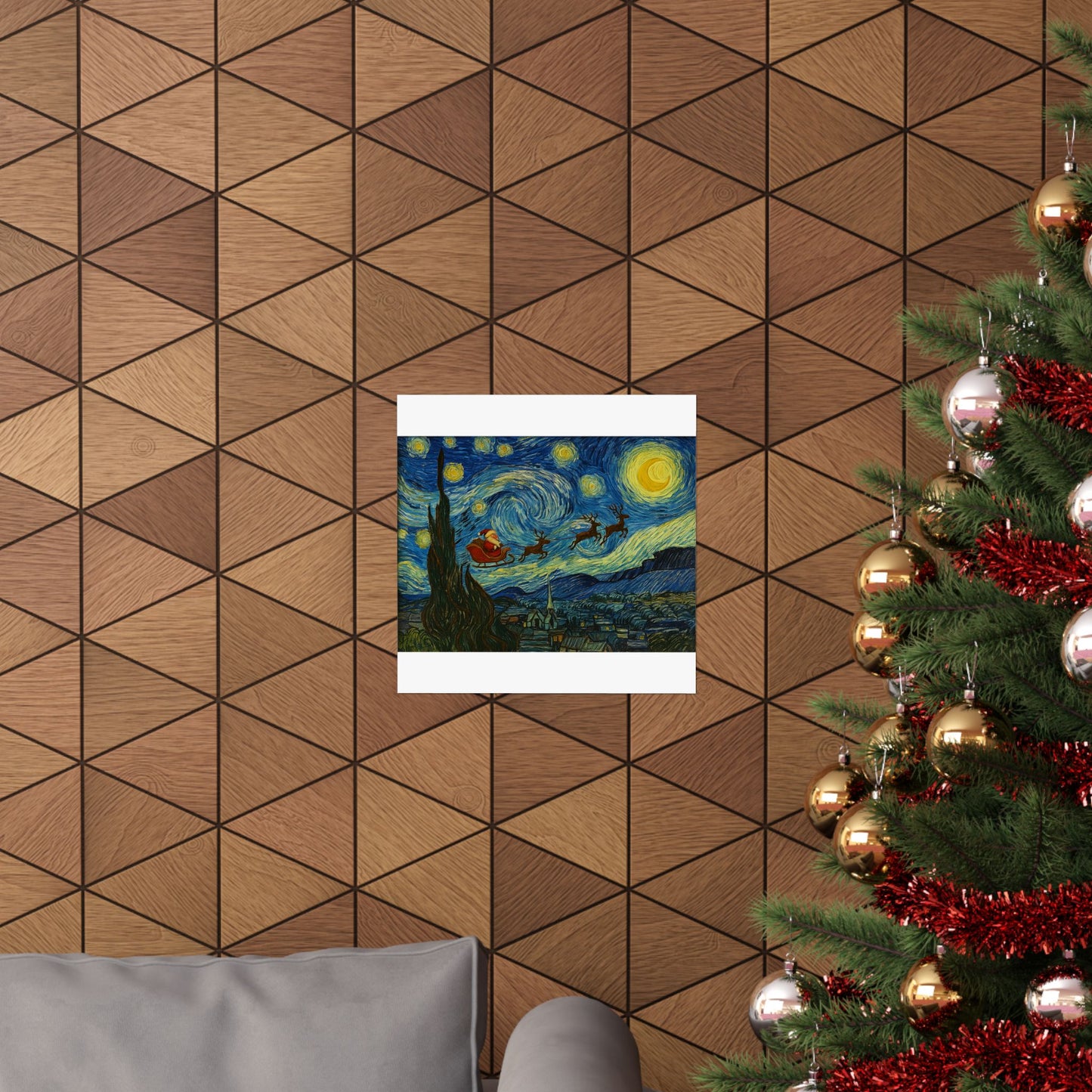 Santa Sleigh over Starry Night Poster | Matte Vertical Poster, Christmas Wall Art