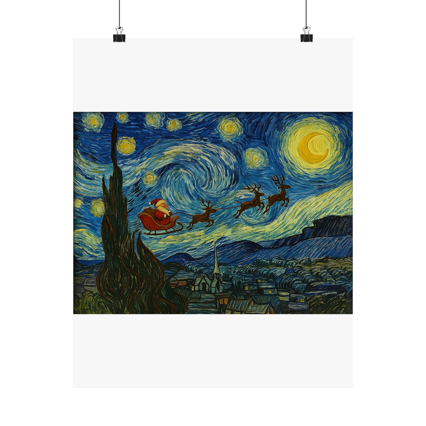 Santa Sleigh over Starry Night Poster | Matte Vertical Poster, Christmas Wall Art