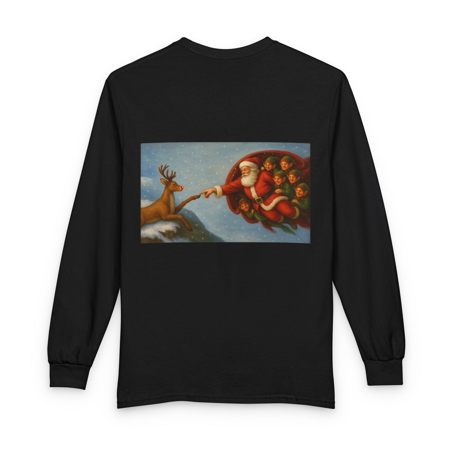 Santa Reaching for Reindeer Long Sleeve Shirt | Christmas Holiday Illustration