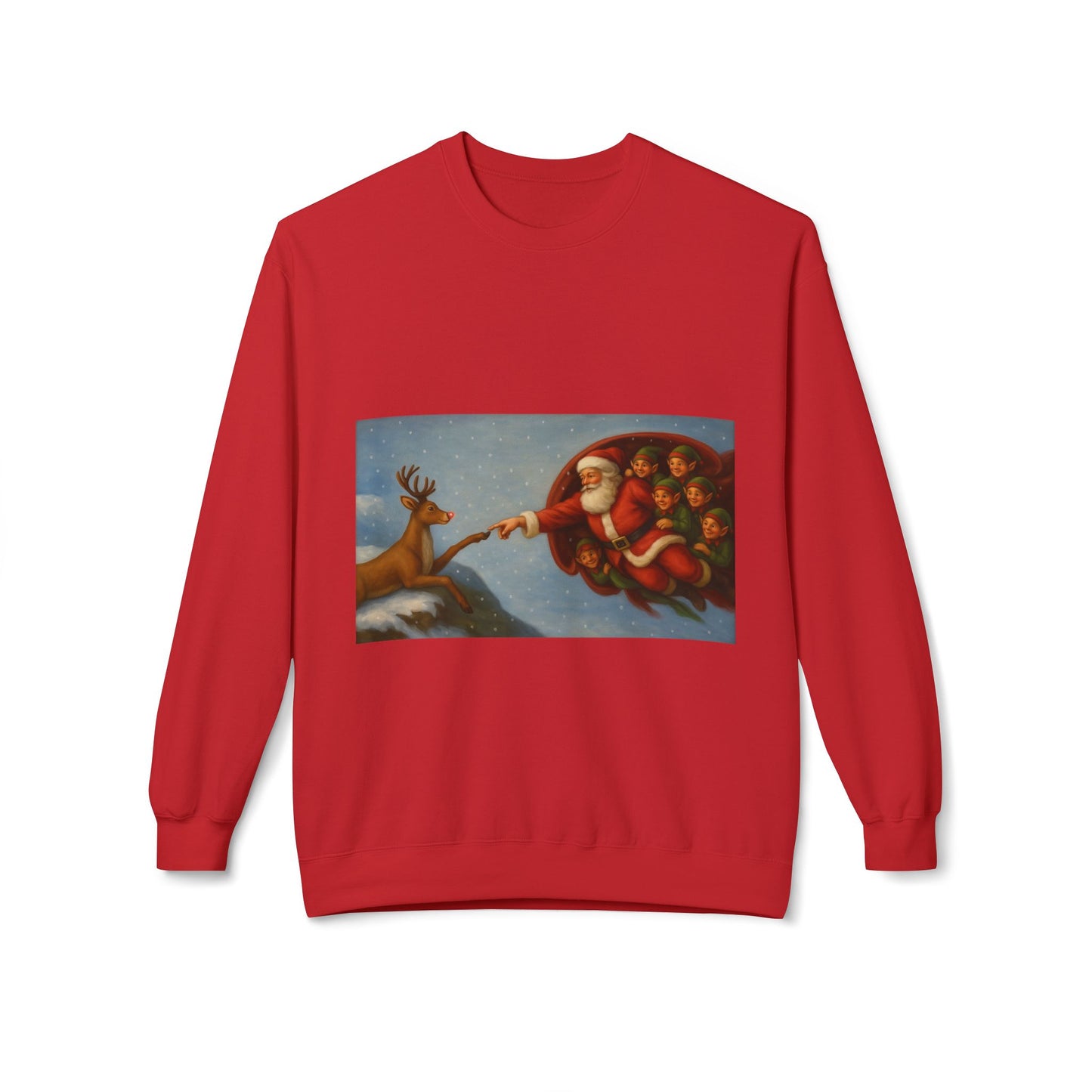 Santa Reaching Reindeer Crewneck Sweatshirt | Christmas Holiday Illustration