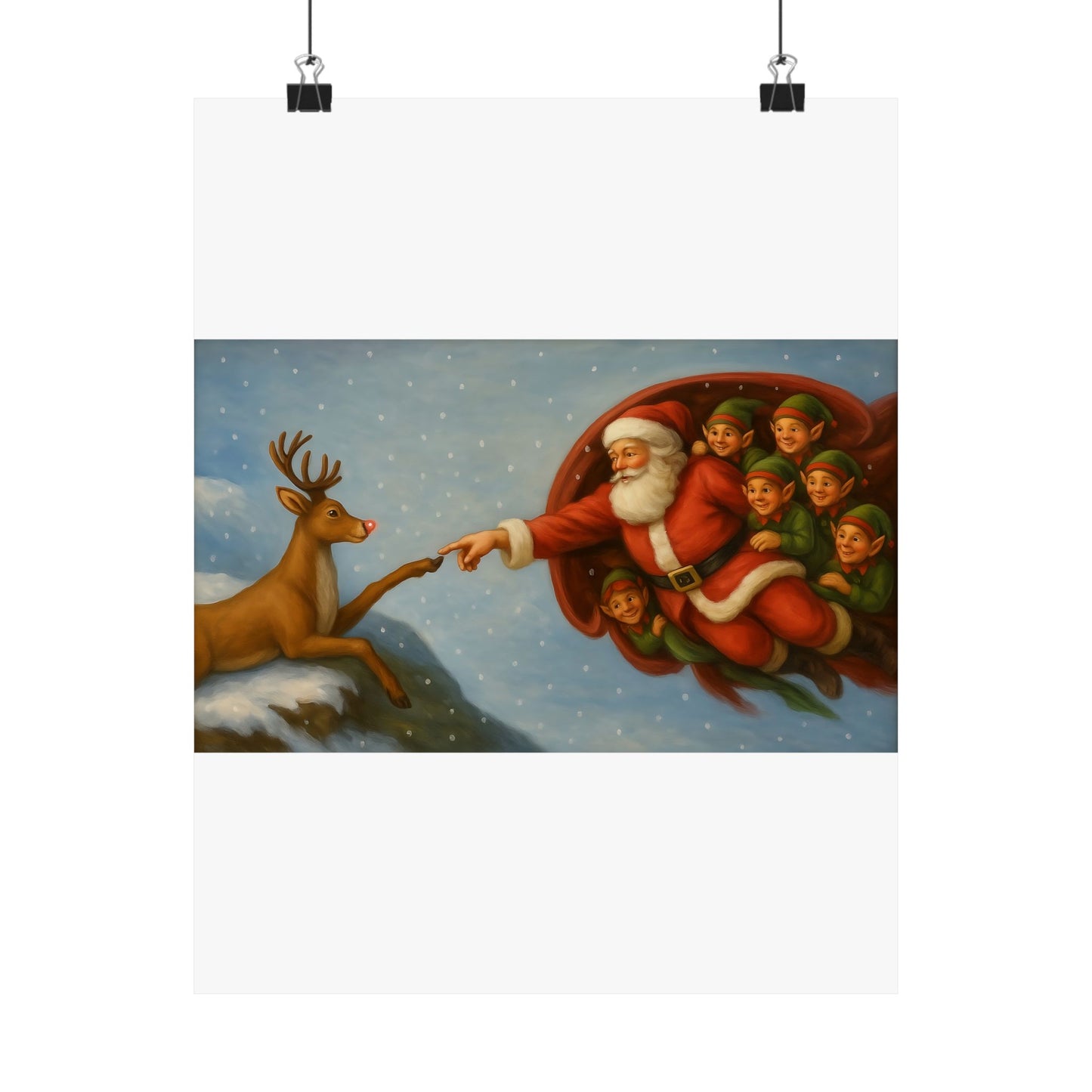 Santa and Elves Reaching Reindeer Matte Vertical Poster | Christmas Holiday Wall Art