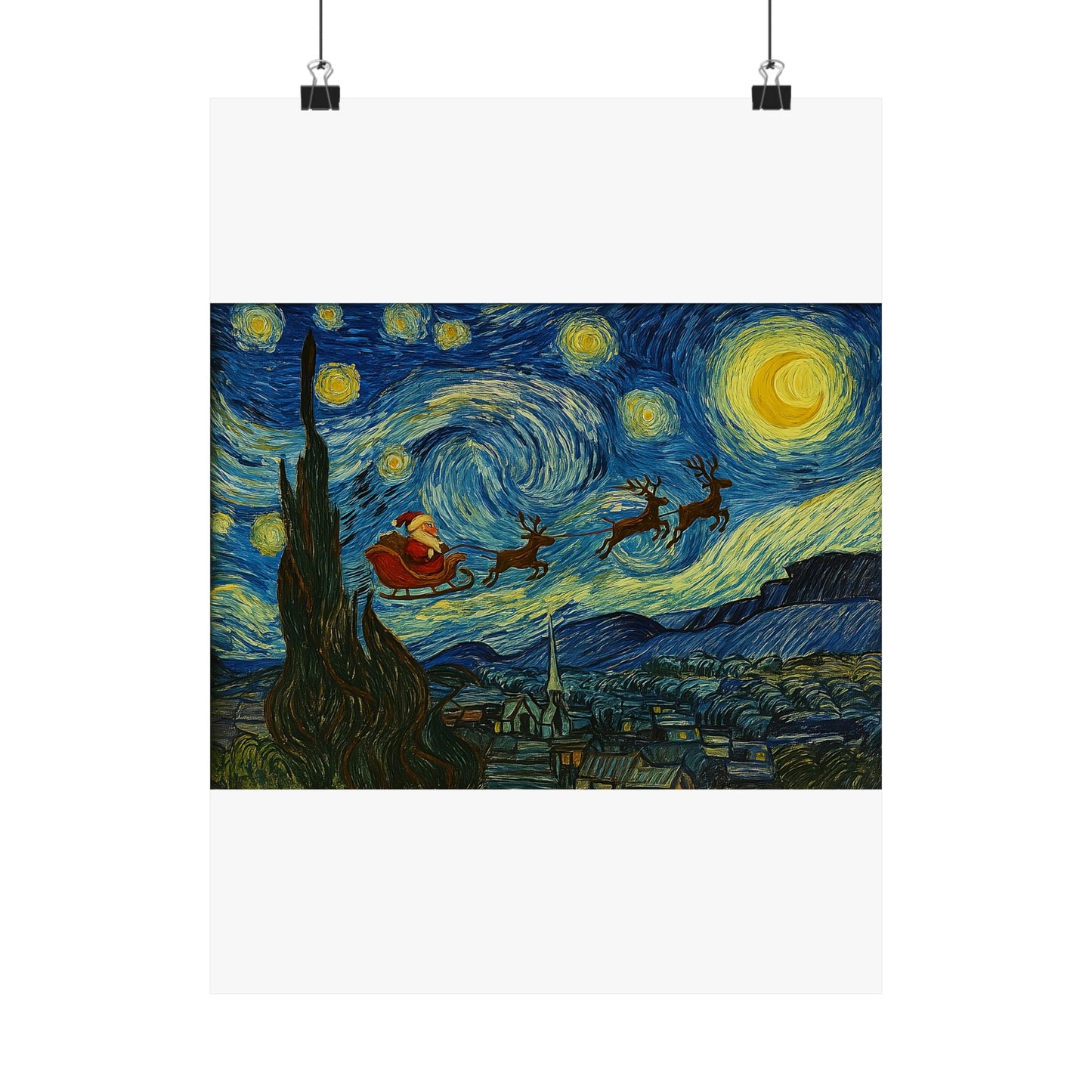 Santa Sleigh over Starry Night Poster | Matte Vertical Poster, Christmas Wall Art