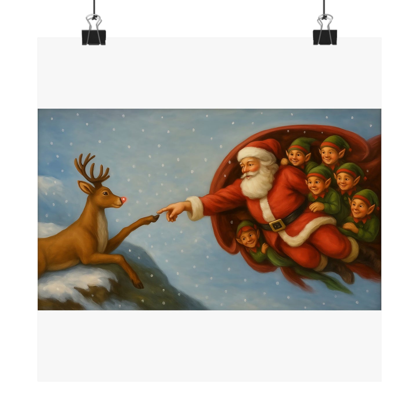 Santa and Elves Reaching Reindeer Matte Vertical Poster | Christmas Holiday Wall Art