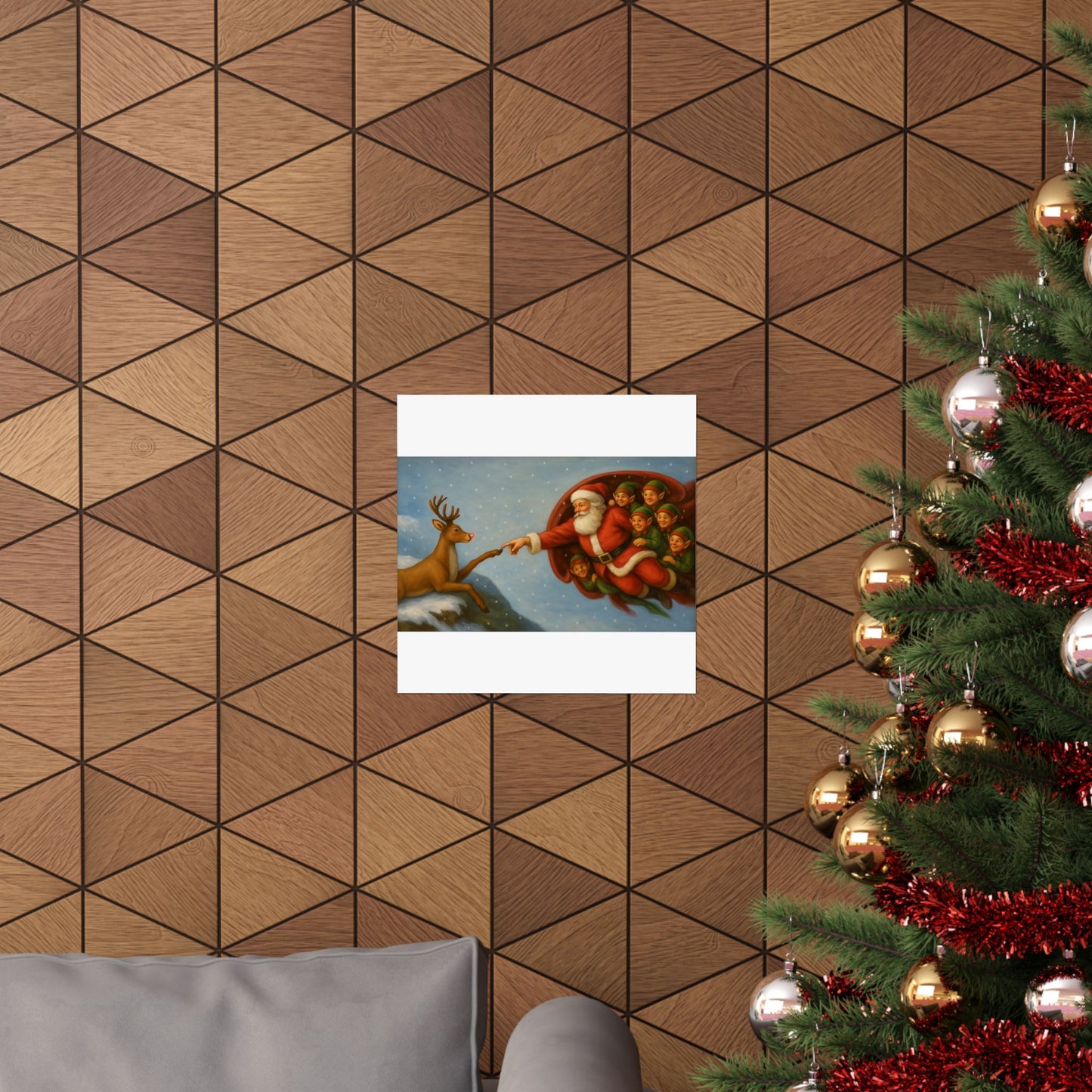 Santa and Elves Reaching Reindeer Matte Vertical Poster | Christmas Holiday Wall Art