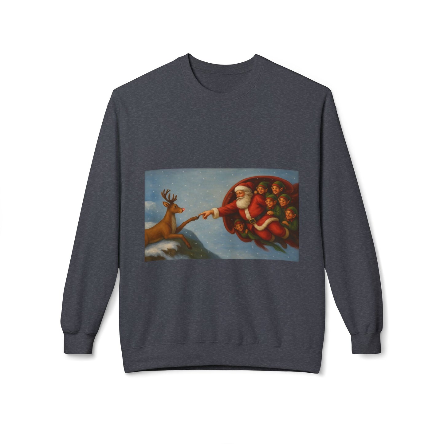 Santa Reaching Reindeer Crewneck Sweatshirt | Christmas Holiday Illustration