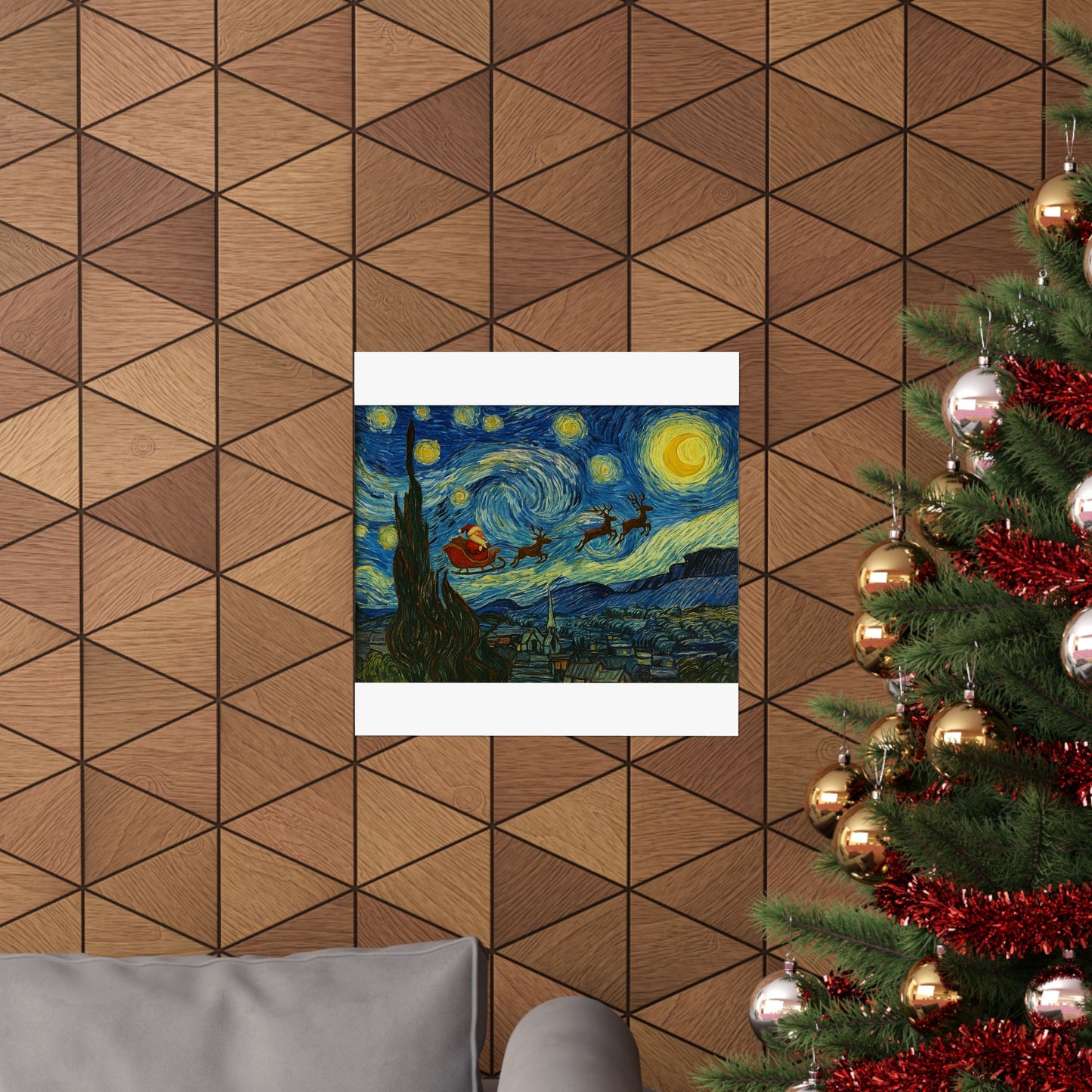 Santa Sleigh over Starry Night Poster | Matte Vertical Poster, Christmas Wall Art