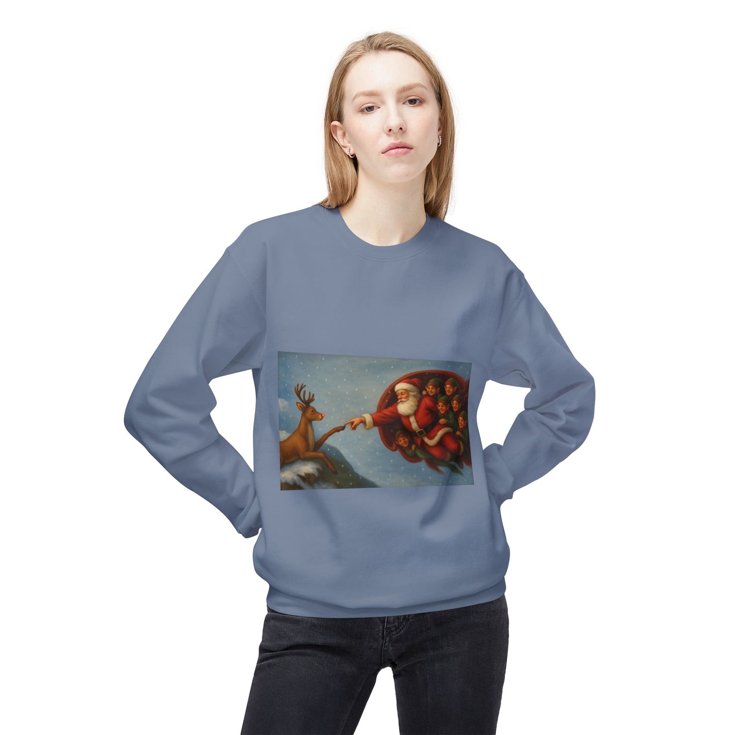 Santa Reaching Reindeer Crewneck Sweatshirt | Christmas Holiday Illustration