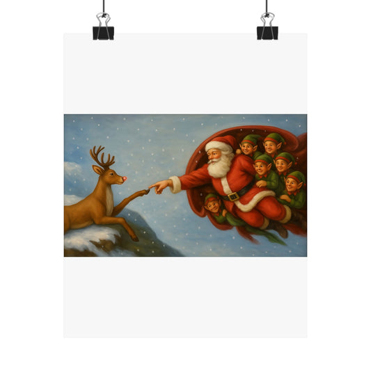 Santa and Elves Reaching Reindeer Matte Vertical Poster | Christmas Holiday Wall Art