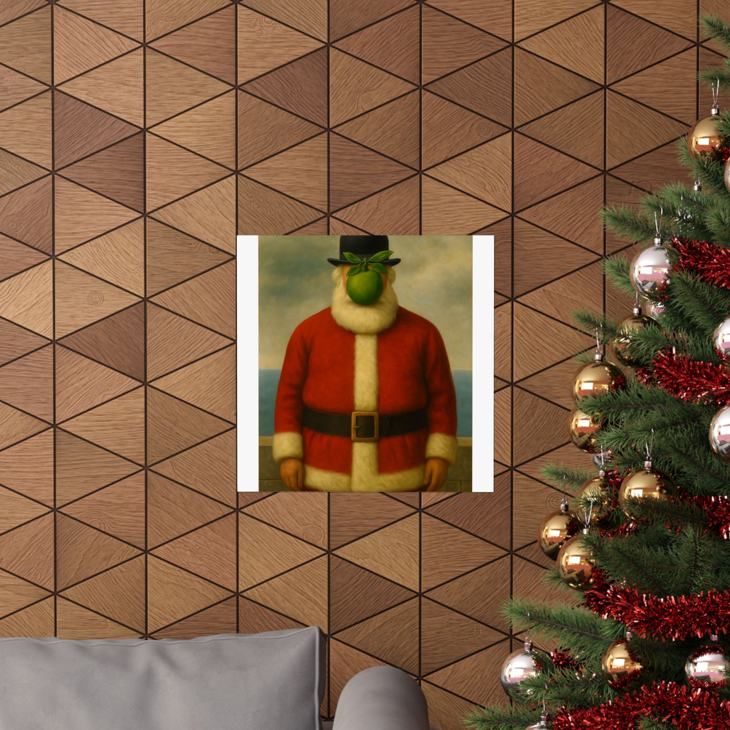 Green Apple Santa Matte Vertical Poster | Surreal Holiday Art Print
