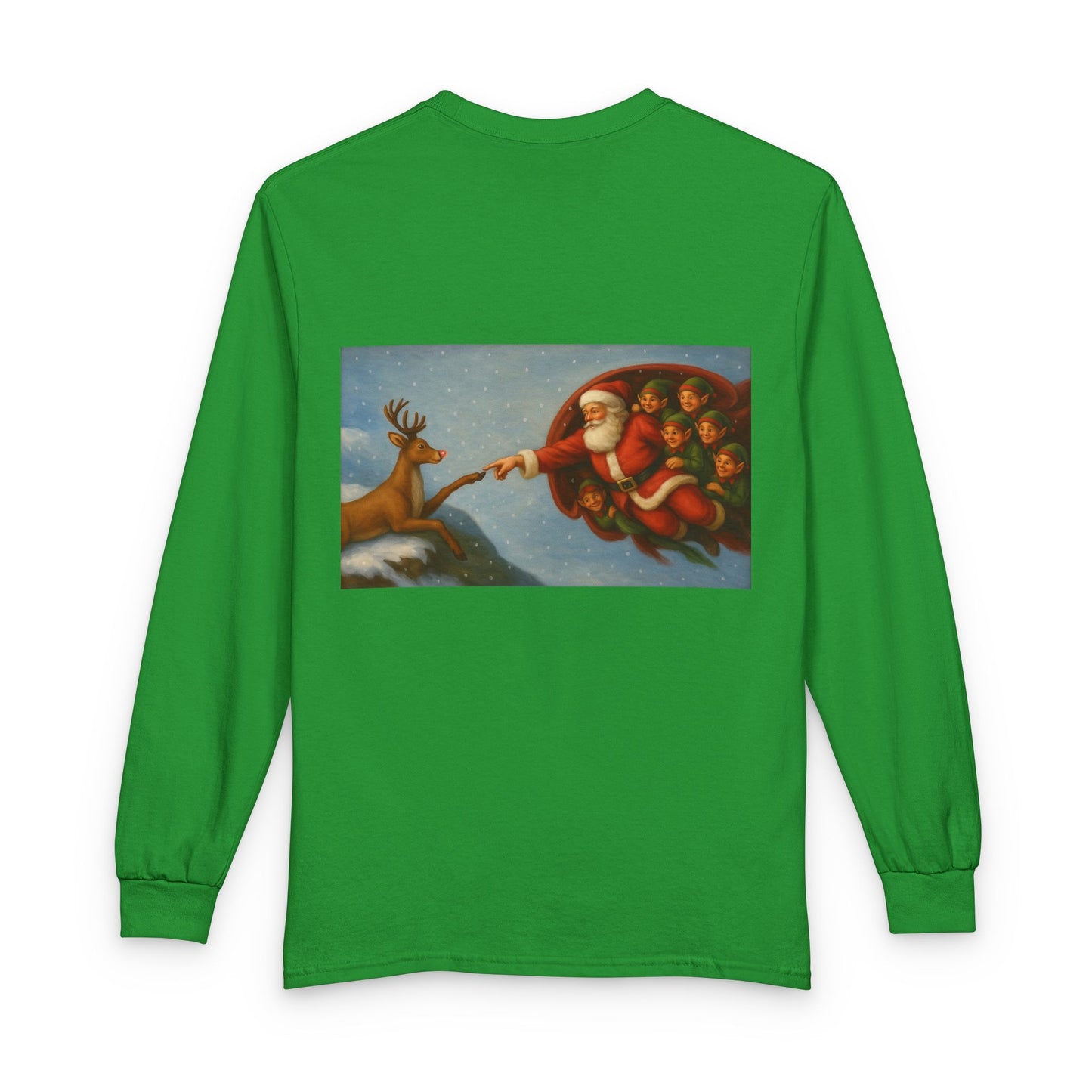 Santa Reaching for Reindeer Long Sleeve Shirt | Christmas Holiday Illustration