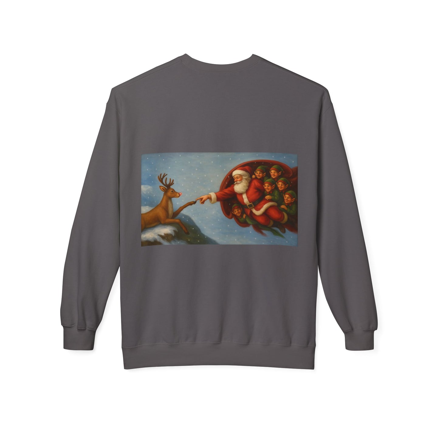 Santa Reaching Reindeer Crewneck Sweatshirt | Christmas Holiday Illustration