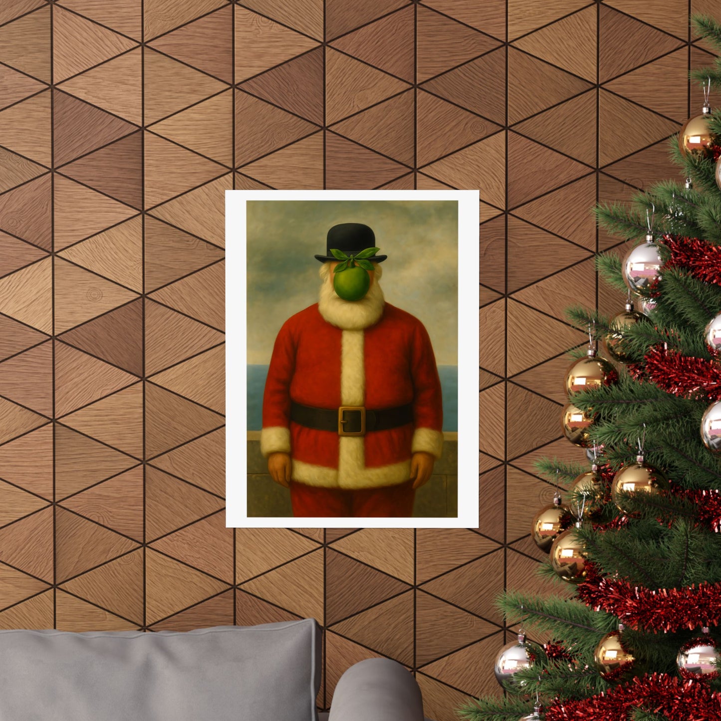 Green Apple Santa Matte Vertical Poster | Surreal Holiday Art Print
