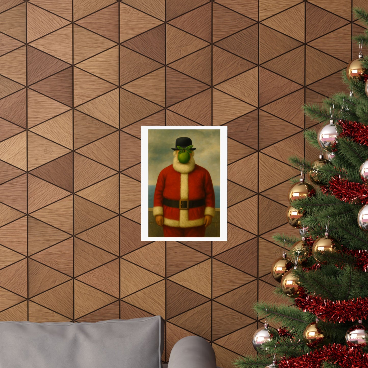 Green Apple Santa Matte Vertical Poster | Surreal Holiday Art Print